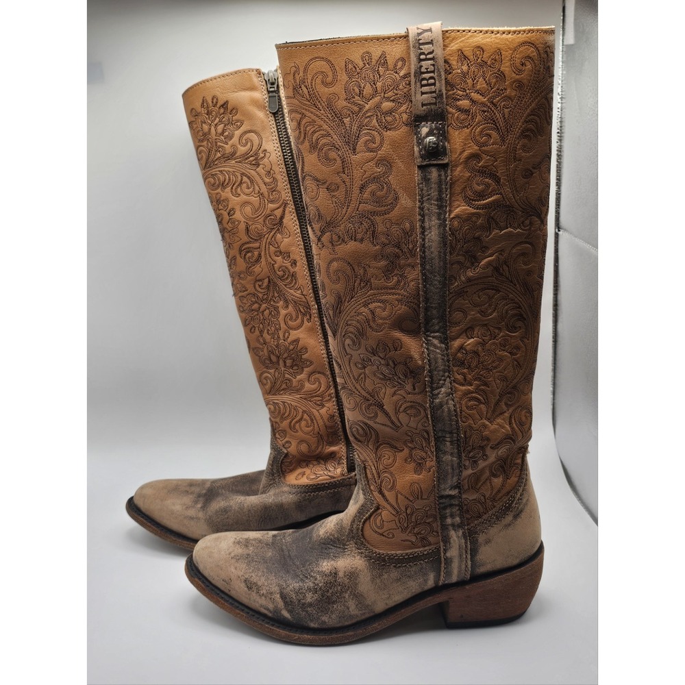 Liberty Black Boots Sz 8 Brown Leather Knee High Western Riding Tall Distressed - Picture 2 of 7